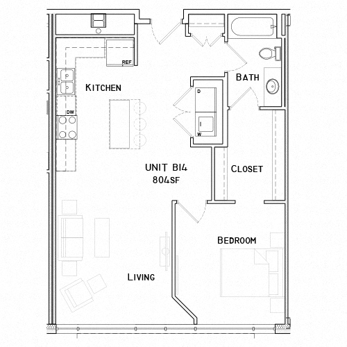 Floor plan for 1 bed, 1 bath, 804 sqft